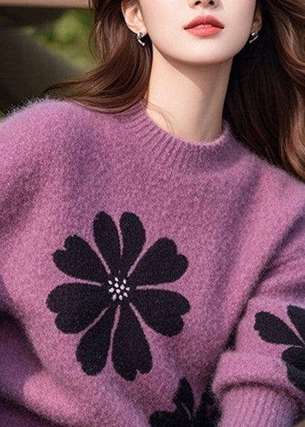 Pull en maille épaisse imprimée violet à col rond, style italien, pour l'hiver TO001