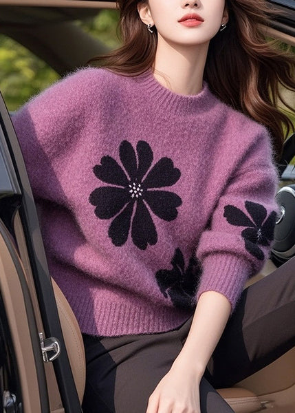 Pull en maille épaisse imprimée violet à col rond, style italien, pour l'hiver TO001