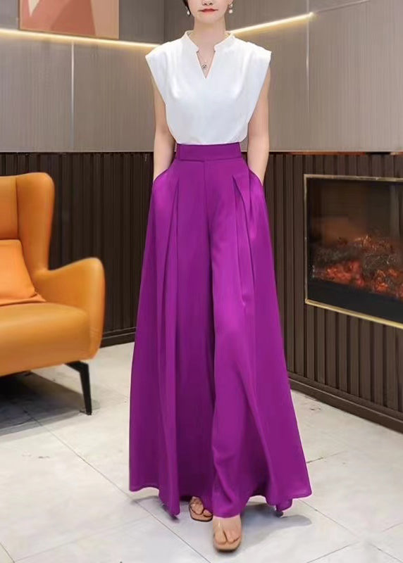 Italian Purple Pockets High Waist Chiffon Wide Leg Pants Summer QQ1044 Ada Fashion