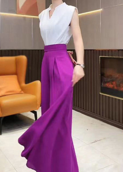 Italian Purple Pockets High Waist Chiffon Wide Leg Pants Summer QQ1044 Ada Fashion