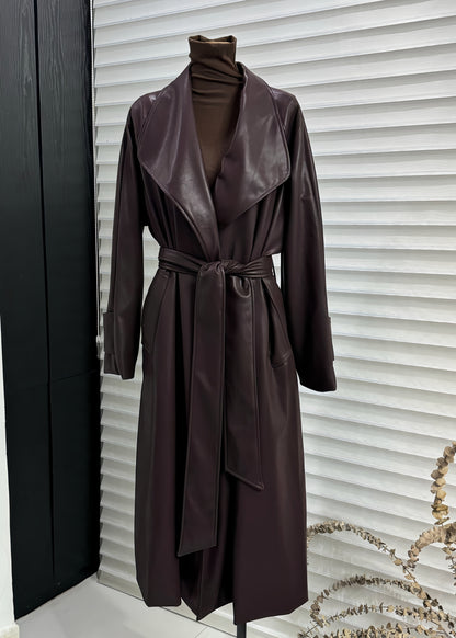 Italian Purple Red Peter Pan Collar Tie Waist Faux Leather Coats Winter WL021 OM-CS241108