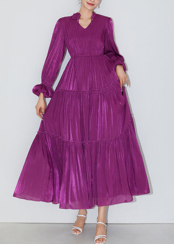 Italian Purple Ruffled Elastic Waist Silk Long Dresses Butterfly Sleeve AM1005 Genistyle Shop