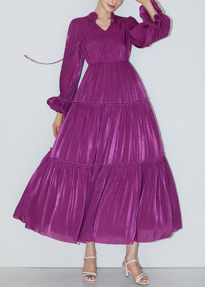 Italian Purple Ruffled Elastic Waist Silk Long Dresses Butterfly Sleeve AM1005 Genistyle Shop