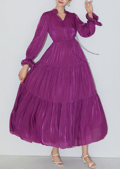 Italian Purple Ruffled Elastic Waist Silk Long Dresses Butterfly Sleeve AM1005 Genistyle Shop