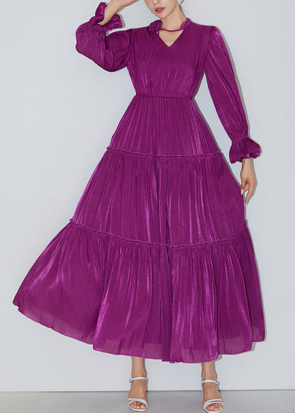 Italian Purple Ruffled Elastic Waist Silk Long Dresses Butterfly Sleeve AM1005 Genistyle Shop