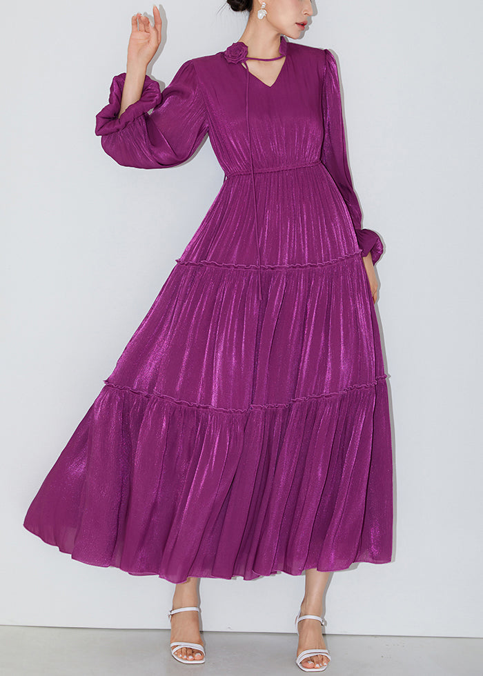 Italian Purple Ruffled Elastic Waist Silk Long Dresses Butterfly Sleeve AM1005 Genistyle Shop