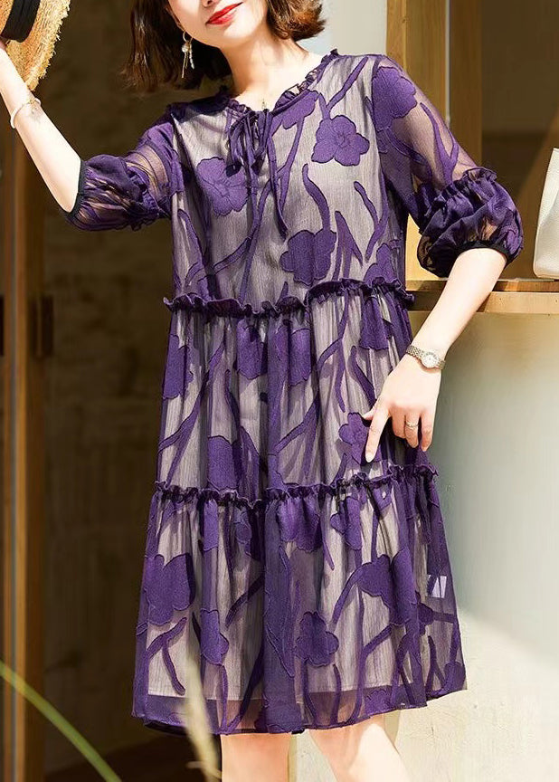 Italian Purple Ruffled Lace Up Chiffon Dresses Half Sleeve OP1011 Ada Fashion