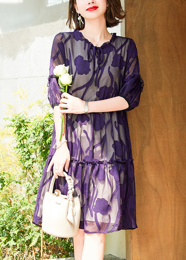 Italian Purple Ruffled Lace Up Chiffon Dresses Half Sleeve OP1011 Ada Fashion
