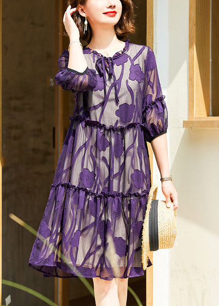 Italian Purple Ruffled Lace Up Chiffon Dresses Half Sleeve OP1011 Ada Fashion