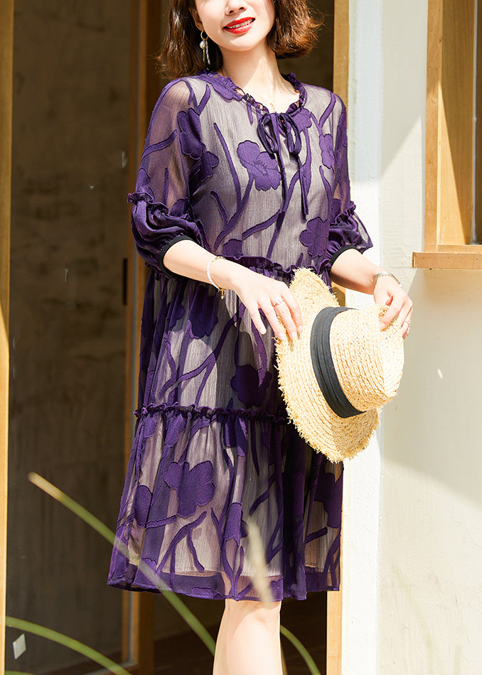 Italian Purple Ruffled Lace Up Chiffon Dresses Half Sleeve OP1011 Ada Fashion