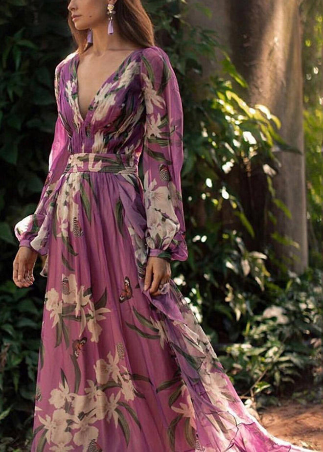 Italian Purple V Neck Print Chiffon Maxi Dresses Long Sleeve WW1047 Ada Fashion