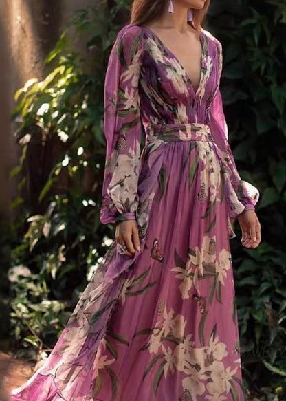 Italian Purple V Neck Print Chiffon Maxi Dresses Long Sleeve WW1047 Ada Fashion