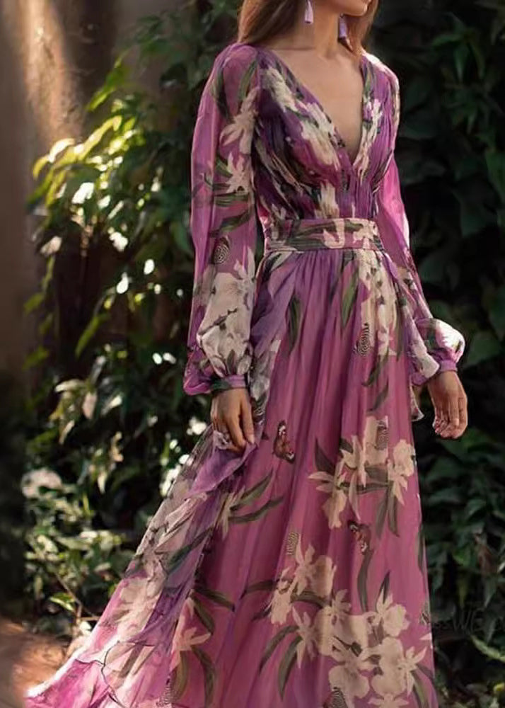 Italian Purple V Neck Print Chiffon Maxi Dresses Long Sleeve WW1047 Ada Fashion