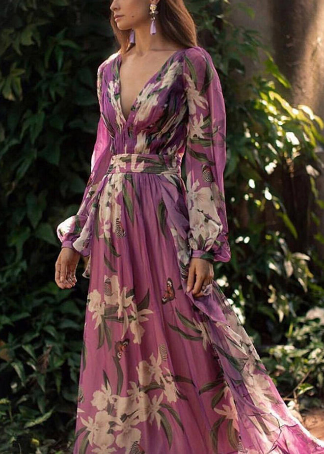 Italian Purple V Neck Print Chiffon Maxi Dresses Long Sleeve WW1047 Ada Fashion