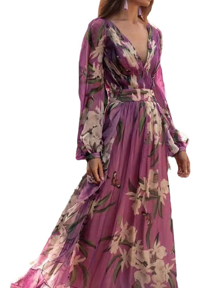 Italian Purple V Neck Print Chiffon Maxi Dresses Long Sleeve WW1047 Ada Fashion