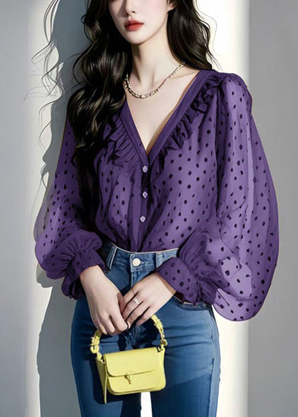 Italian Ruffled Spring V Purple Shirts Chiffon Dot Neck FashionChic