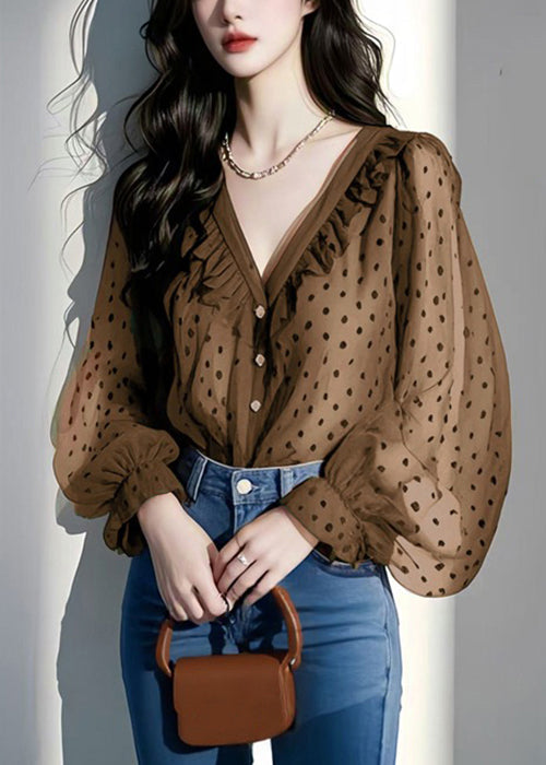 Italian Ruffled Spring V Purple Shirts Chiffon Dot Neck FashionChic