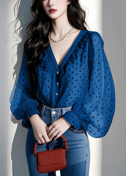 Italian Ruffled Spring V Purple Shirts Chiffon Dot Neck FashionChic