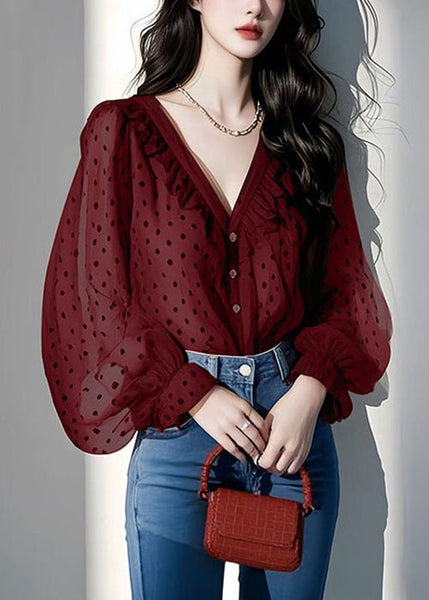 Italian Ruffled Spring V Purple Shirts Chiffon Dot Neck FashionChic