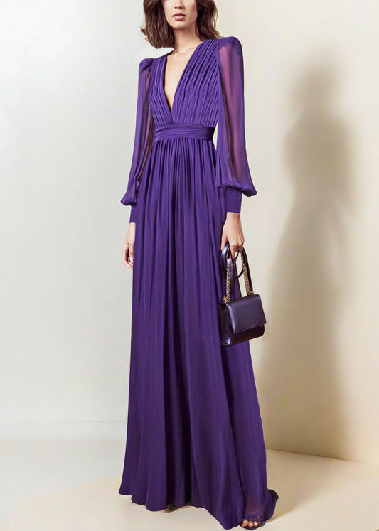 Italian Purple V Neck Wrinkled Chiffon Maxi Dresses Fall QR042 OM-ZS240929