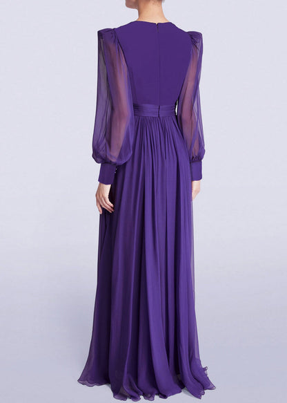 Italian Purple V Neck Wrinkled Chiffon Maxi Dresses Fall QR042 OM-ZS240929
