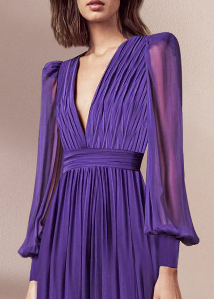 Italian Purple V Neck Wrinkled Chiffon Maxi Dresses Fall QR042 OM-ZS240929