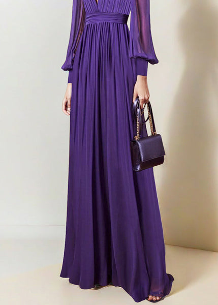 Italian Purple V Neck Wrinkled Chiffon Maxi Dresses Fall QR042 OM-ZS240929