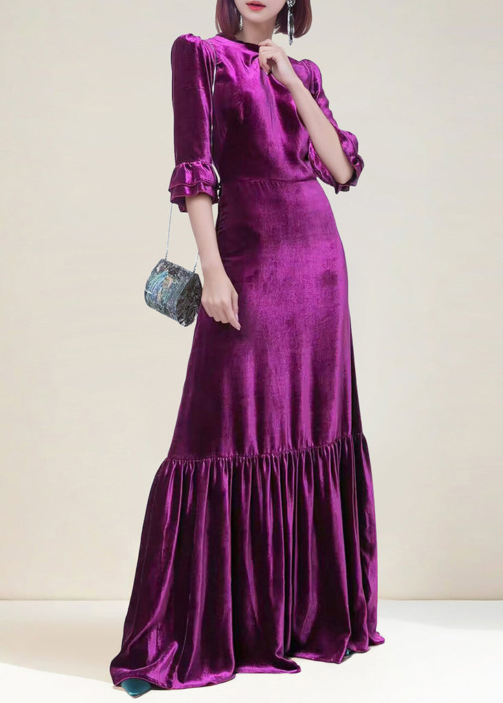 Italian Purple Zippered Wrinkled Velour Long Dress Butterfly Sleeve AM1036 Genistyle Shop