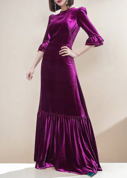 Italian Purple Zippered Wrinkled Velour Long Dress Butterfly Sleeve AM1036 Genistyle Shop