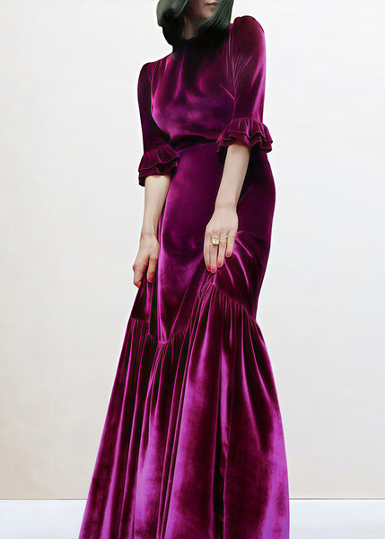 Italian Purple Zippered Wrinkled Velour Long Dress Butterfly Sleeve AM1036 Genistyle Shop
