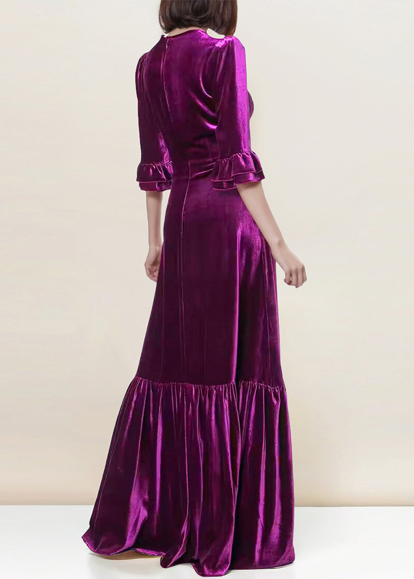 Italian Purple Zippered Wrinkled Velour Long Dress Butterfly Sleeve AM1036 Genistyle Shop