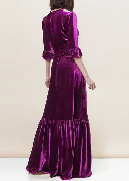 Italian Purple Zippered Wrinkled Velour Long Dress Butterfly Sleeve AM1036 Genistyle Shop