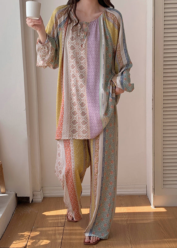 Italian Rainbow Print Lace Tie Silk Velvet Two Pieces Set Spring XS1032 Ada Fashion