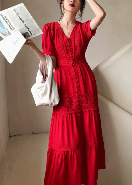 Hollow Lace Summer Dress Cotton Red Italian Shirts Out Button FashionChic