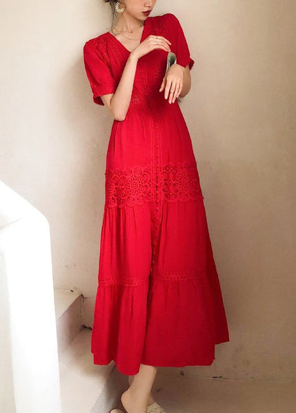 Hollow Lace Summer Dress Cotton Red Italian Shirts Out Button FashionChic