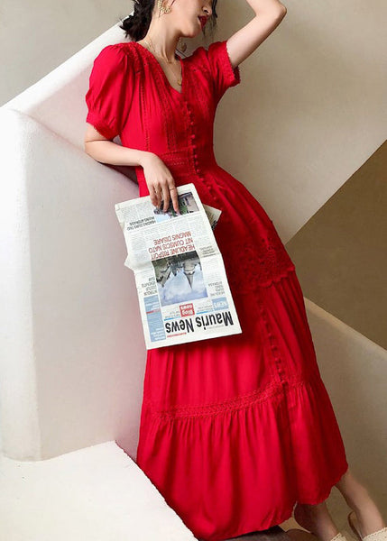 Hollow Lace Summer Dress Cotton Red Italian Shirts Out Button FashionChic