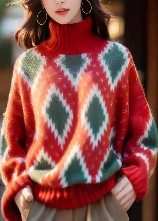 Italian Red Hign Neck Geometric Print Woolen Short Sweater Spring YY020 ABC