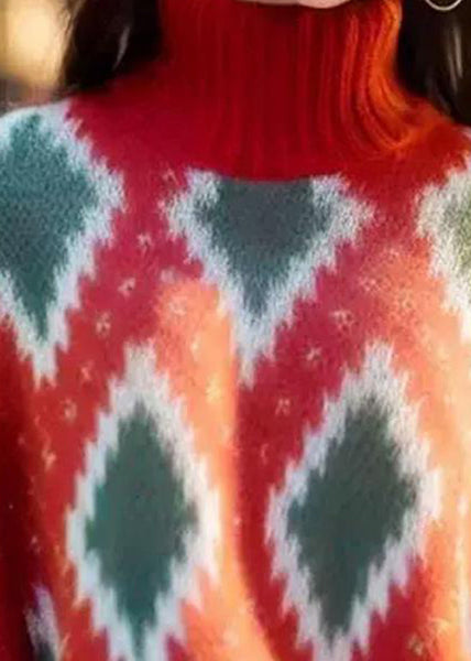 Italian Red Hign Neck Geometric Print Woolen Short Sweater Spring YY020 ABC