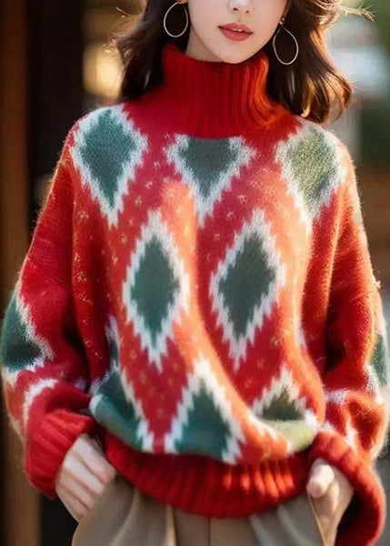 Italian Red Hign Neck Geometric Print Woolen Short Sweater Spring YY020 ABC