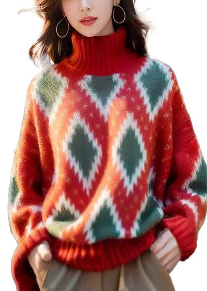 Italian Red Hign Neck Geometric Print Woolen Short Sweater Spring YY020 ABC