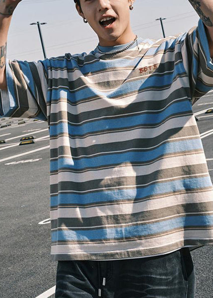 Italian Red O Neck Striped Cotton Mens T Shirts Summer QH008 MENT241019