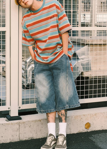 Italian Red O Neck Striped Cotton Mens T Shirts Summer QH008 MENT241019