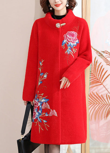 Italian Red Stand Collar Button Maxi Mink Velvet Wool Coats Spring TA036