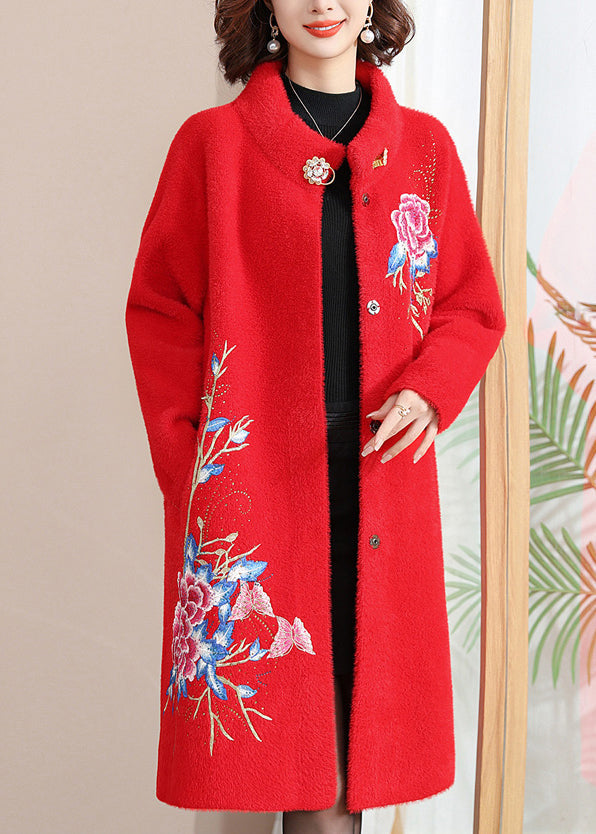 Italian Red Stand Collar Button Maxi Mink Velvet Wool Coats Spring TA036