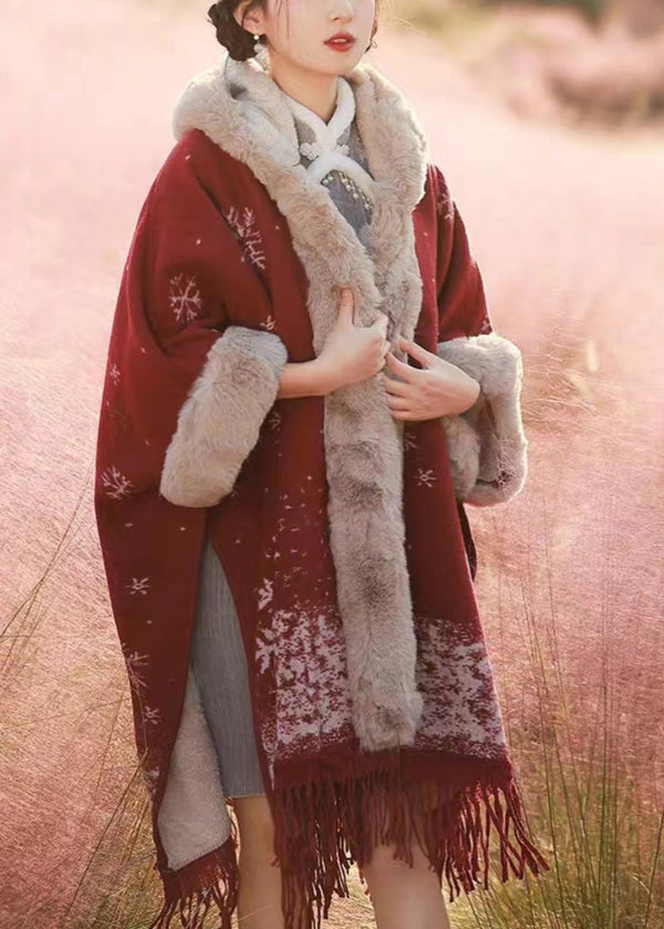 Italian Red Tassel Print Fur Collar Warm Fleece Cape Winter WO020 HS-CTS241109