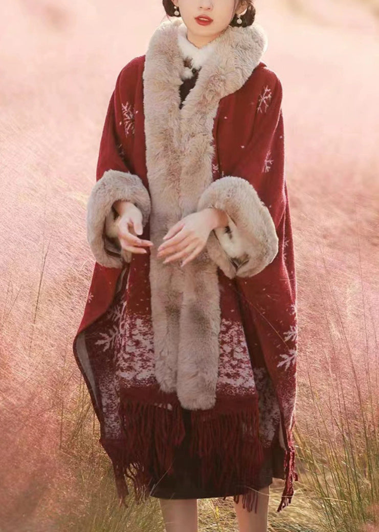 Italian Red Tassel Print Fur Collar Warm Fleece Cape Winter WO020 HS-CTS241109