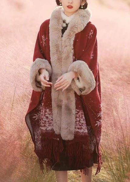 Italian Red Tassel Print Fur Collar Warm Fleece Cape Winter WO020 HS-CTS241109