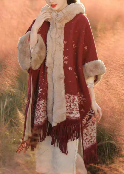Italian Red Tassel Print Fur Collar Warm Fleece Cape Winter WO020 HS-CTS241109