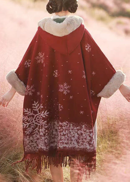 Italian Red Tassel Print Fur Collar Warm Fleece Cape Winter WO020 HS-CTS241109