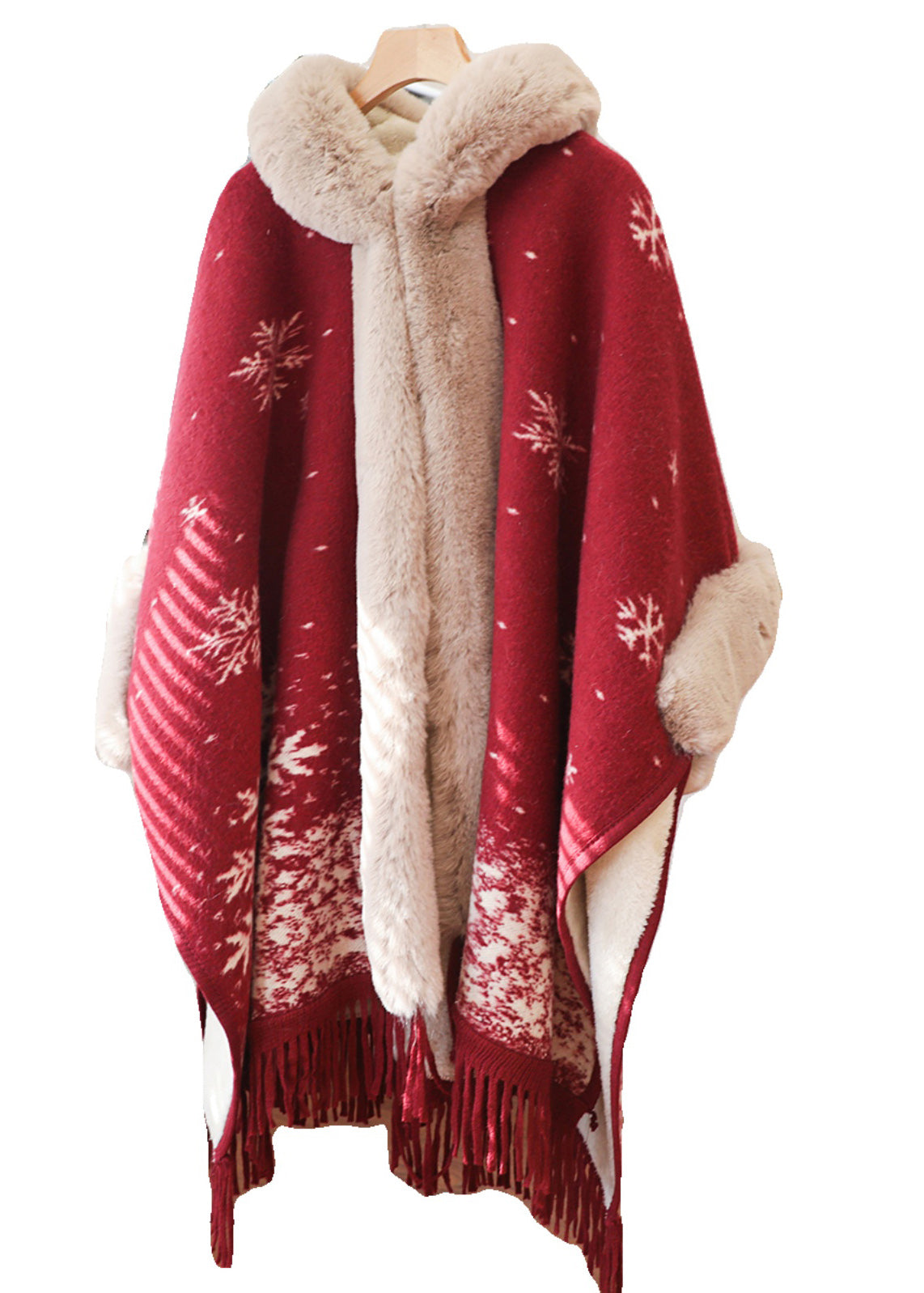 Italian Red Tassel Print Fur Collar Warm Fleece Cape Winter WO020 HS-CTS241109